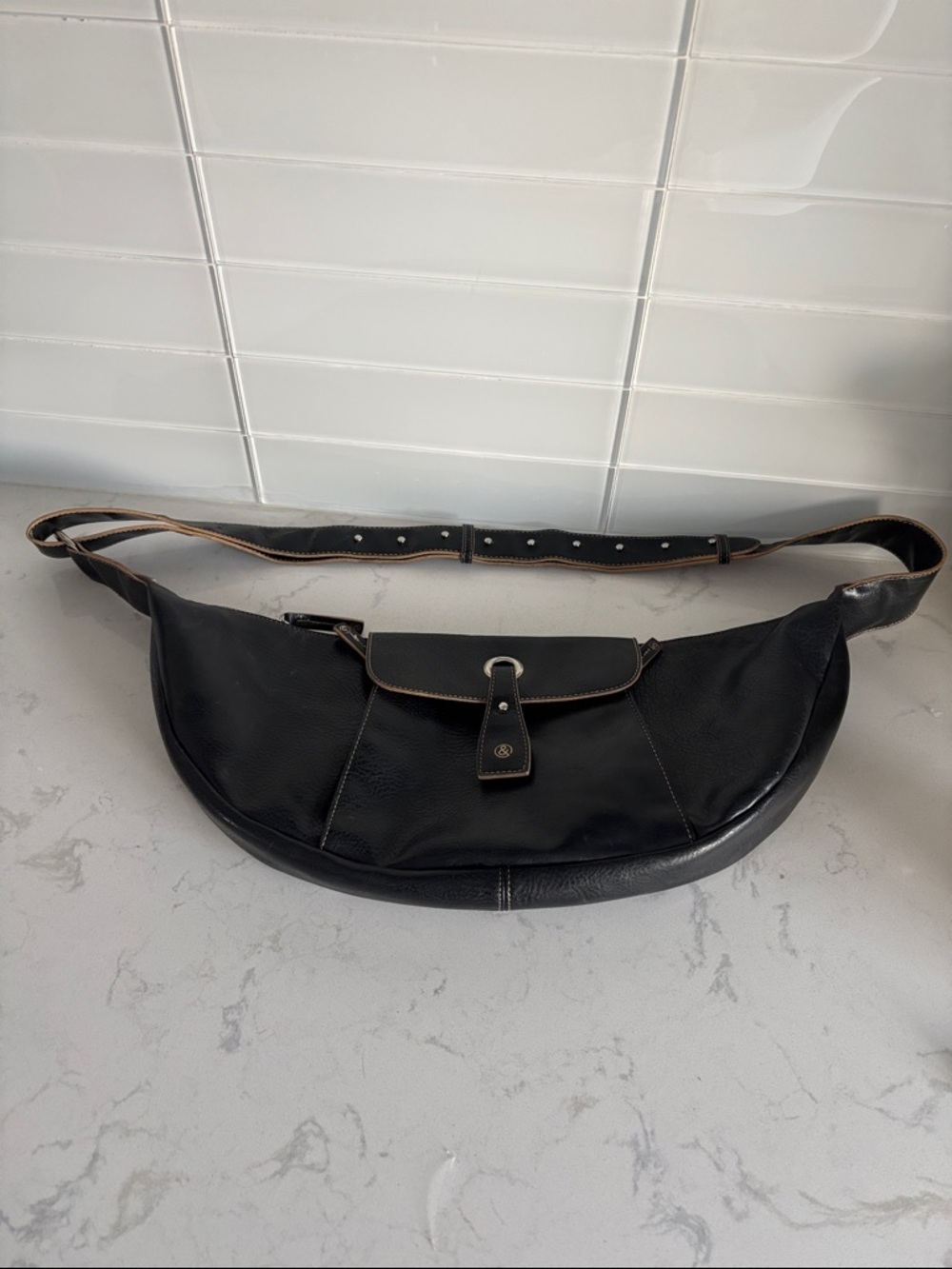Matt & Nat Black Crescent Shoulder Bag with Brown Trim
